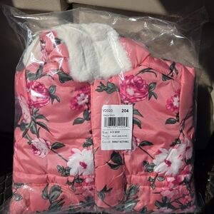 Floral Pink Puffer Jacket with White Fur Trim